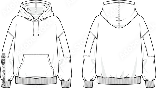 Oversized Drop Shoulder Hoodie Technical Flat Fashion Sketch Vector Illustration with Front and Back View for Streetwear Clothing Design CAD