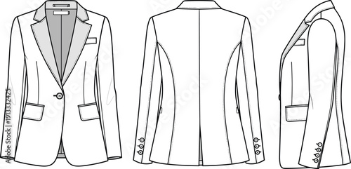 Women's Single Button Tailored Blazer Technical Flat Fashion Sketch Vector Illustration with Front Back and Side Views for Design CAD