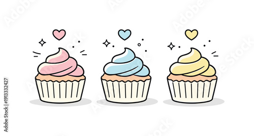 Cupcakes pastel. A minimal cupcake scene with pastel frosting and tiny heart icons floating above. The mood is sweet, celebratory, and calm,