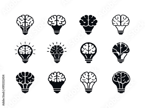 Test Study Icons. Studying for a test. Icon set. Set Logo of Studying for a test: brain and lightbulb idea icon. harmonious logo variations of the same