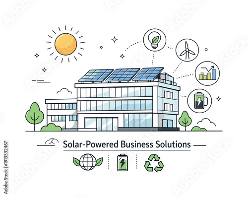 Solar-Powered Office Design. Solar-powered business solutions. A modern office building with rooftop solar panels, clean energy icons and gentle sun rays