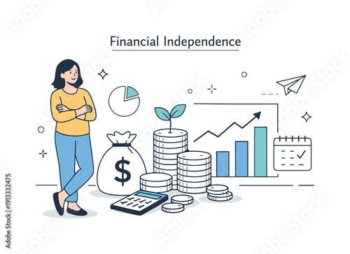 Financial independence overview. Calm editorial scene showing a confident person standing beside growing savings symbols and simple charts,