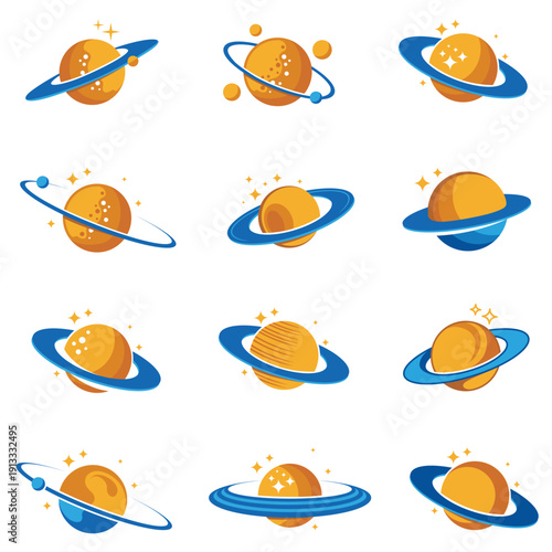design collection of planet saturn with stars isolated on white background