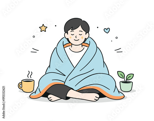 Wrapping in a blanket. Person sitting comfortably, blanket draped neatly around them, relaxed posture. Cozy everyday scene with minimal