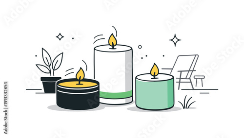 Minimalist Patio Candles. Minimal citronella candles. Stylized candles with gentle flames and smooth cylindrical forms. Quiet patio feeling, simple and modern