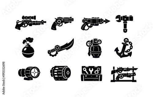 Steampunk air pirates. Solid icon set of pirate weapons and tools: steam rifle, gear pistol, harpoon launcher, wrench hammer, smoke bomb,