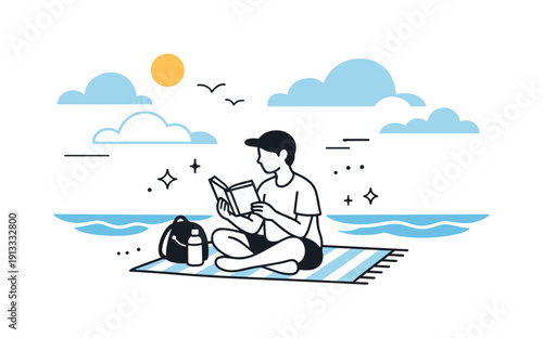Solo travel and mindfulness. A traveler sits on a towel reading, surrounded by open sea and sky, enjoying a quiet moment alone. Inner