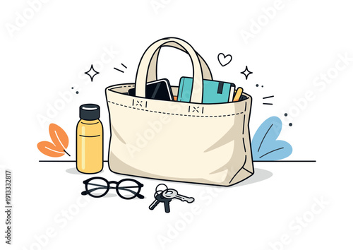 Canvas tote bag. Minimal editorial scene with a canvas tote bag placed neatly on a clean surface, slightly open to reveal everyday items.