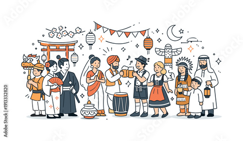 Cultural Celebration Scene. Significant historical cultural festivals and celebrations. People in traditional clothing gathering in a calm festive scene with