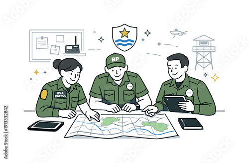 Border patrol teamwork. Officers collaborating inside a patrol station, discussing plans over a table with maps and tablets. Scene conveys
