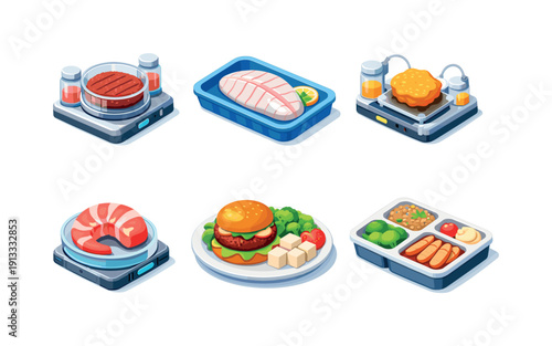 Cultivated food. Isometric flat vector icons set of cultivated food: lab grown burger patty, artificial fish fillet tray, cultured chicken