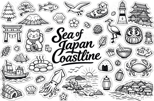 Wallpaper Mural Sea of Japan Doodles. Sea of Japan coastline concept, hand drawn doodle elements set, center hand-lettered title, black & white Torontodigital.ca