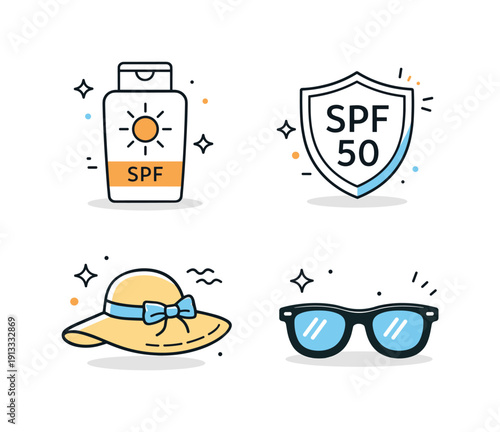 Sun protection products icons set. Simplified icons of sunscreen bottle, SPF shield, sun hat, and sunglasses arranged as a cohesive set. The