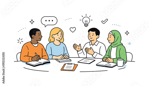 Safe team discussions. Coworkers sitting around a table with neutral expressions and shared notes. Focus on emotional safety, respect, and