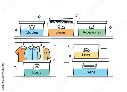 Minimal closet storage. Simple custom bins inside a modern closet, labels indicating categories like clothes or accessories. Clear,