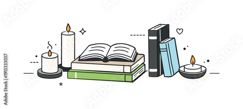 Minimal coffee table setup. A simple editorial composition with books arranged neatly and candles adding soft visual accents. The