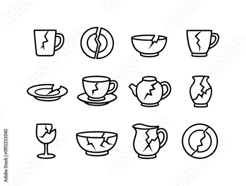 Broken Kitchenware. Line icon set of Broken Kitchenware: cracked mug, broken plate, chipped bowl, fractured cup, damaged saucer, cracked