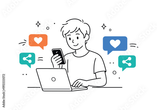 Mindful Online Advocacy. Raising awareness online. Individual posting messages with heart and share icons floating around, simple abstract notifications.