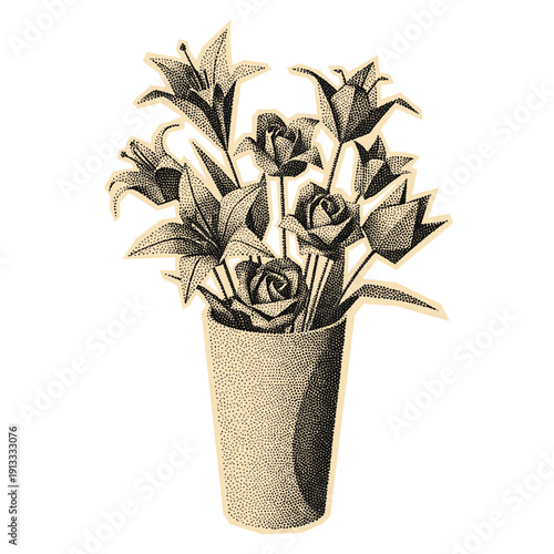 origami flowers bouquet in a vase, vintage halftone stipple style floral decoration