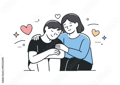 Love and mental well-being. Two people sharing a quiet supportive moment, calm gestures and warm connection. Soft heart shapes and gentle