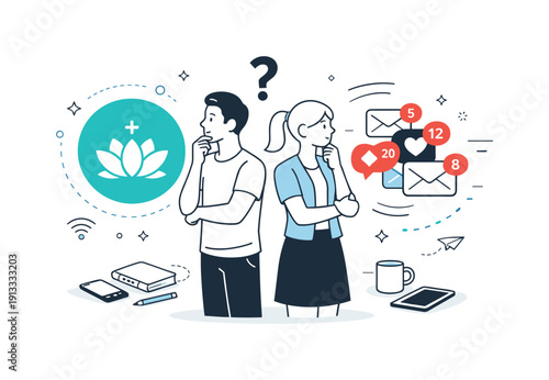 Digital focus and distraction. Characters choosing between a calm focus mode icon and multiple app notifications, thoughtful modern scene.
