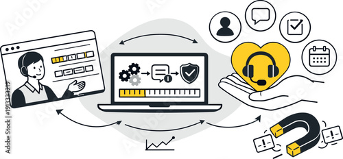 Modern minimal flat vector conceptual collage, crisp hard edges, consistent THIN outline stroke, rounded corners where needed,