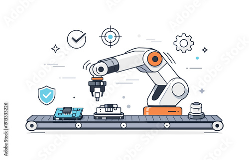 Industrial robots automation. A robotic arm precisely assembling components on a clean factory line, showing calm efficiency and controlled