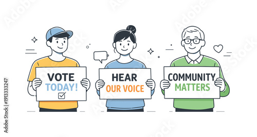 Civic engagement. Individuals hold posters with short messages while maintaining relaxed postures. Calm public participation and democratic