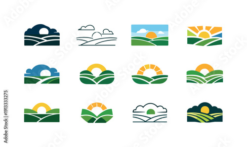 open space. Icon set. Set Logo of open space: open field with sky line. harmonious logo variations of the same emblematic concept, each with