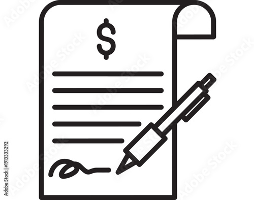 Contract document icon with dollar sign and pen, line art illustration for business agreement, payment terms, invoice signature, legal paperwork and finance concept