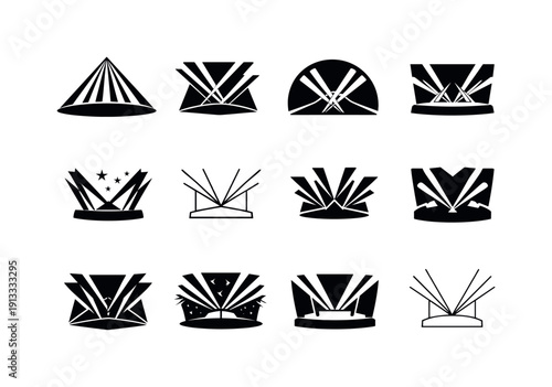 Laser Light Logos. Laser lights. Icon set. Set Logo of laser lights: concert stage with beams. harmonious logo variations of the same emblematic concept, each