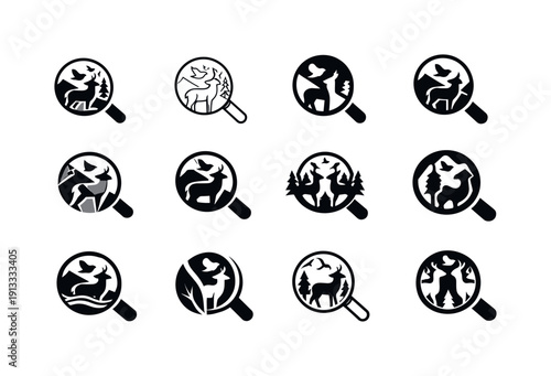 Climate Impact Icons. Investigating climate change effects. Icon set. Set Logo of Investigating climate change effects: wildlife impact analysis symbol.