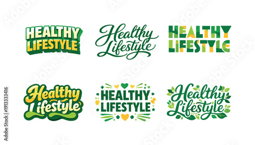 Healthy Lettering Variations. Healthy lifestyle flow. Set lettering. harmonious lettering variations of the same emblematic concept, each with different