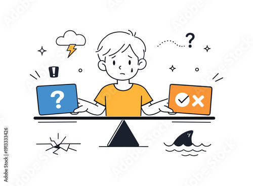 Risk and uncertainty analysis. A character balancing decision cards on a simple scale, symbolizing trade-offs and incomplete information.