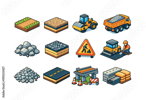 Road construction. Colorful isometric vector icons set of road construction: gravel road, road base layer, construction roller, dump truck,