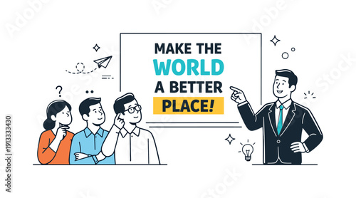 Purpose washing leadership messaging. A leader pointing at a bold mission statement while team members exchange uncertain glances. The scene