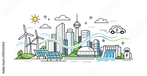 Revolutionary developments in renewable energy. A modern city skyline powered by renewable sources, with subtle energy lines flowing through