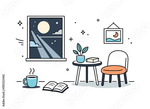 Moonlight through a window. A quiet interior scene where moonlight gently enters through a window, casting soft shapes on the floor and