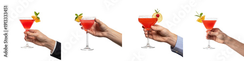 Set of Hands Holding Red Cocktails, Refreshing Drinks in Glasses, Isolated on White Transparent PNG Background