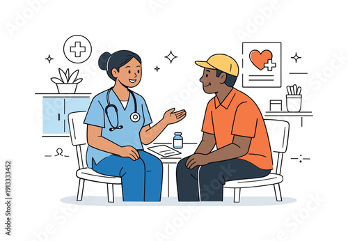 Community healthcare support. A medical worker calmly speaking with a patient in a simple clinic setting. Trust, accessibility and