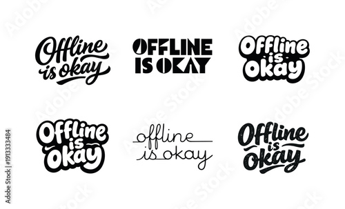 Lettering Variations Grid. Offline is okay lettering. Set lettering. harmonious lettering variations of the same emblematic concept, each with different