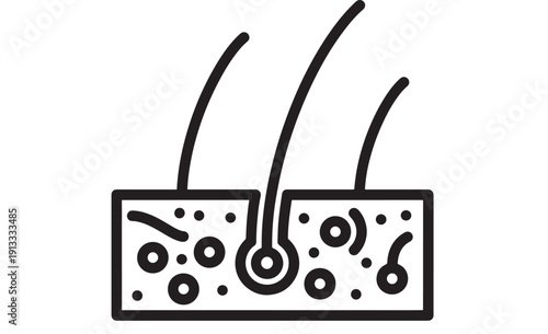 Hair follicle icon showing scalp skin cross section with strands, roots and pores, minimal black outline symbol for dermatology, hair care, and trichology.