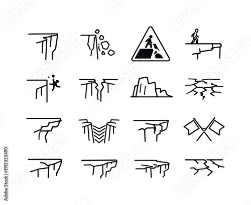 Dangerous cliffs. Line icon set of Dangerous cliffs: steep cliff edge, falling rocks, warning sign cliff, narrow ledge, sheer drop, broken