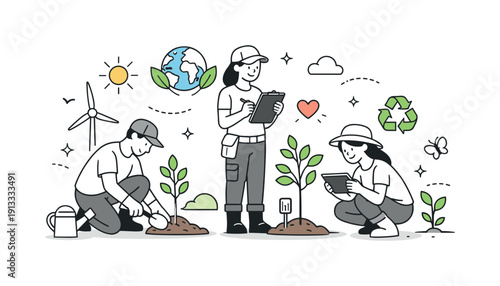 Environmental conservation studies. Researchers planting trees and monitoring growth, calm teamwork scene with symbols of sustainability and