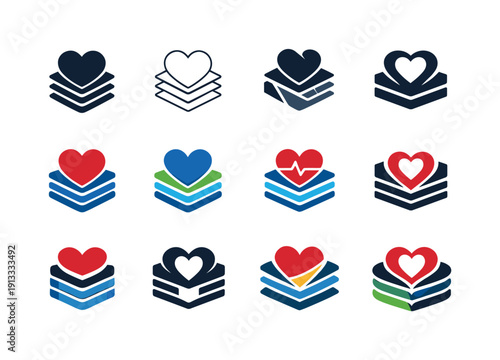 Medical database interface. Icon set. Set Logo of Medical database interface: heart icon over data layers. harmonious logo variations of the