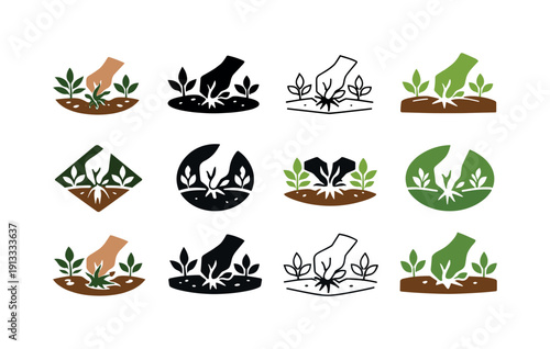 Weeding. Icon set. Set Logo of Weeding: tidy garden bed. harmonious logo variations of the same emblematic concept, each with different