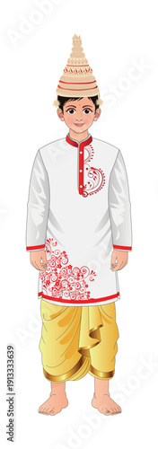 Bengali wedding groom illustration with traditional dhoti kurta and topor for bengali marriage invitation vector 