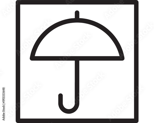 Umbrella packaging symbol icon in black outline inside square frame, indicating keep dry, moisture protection, shipping and handling sign on white background