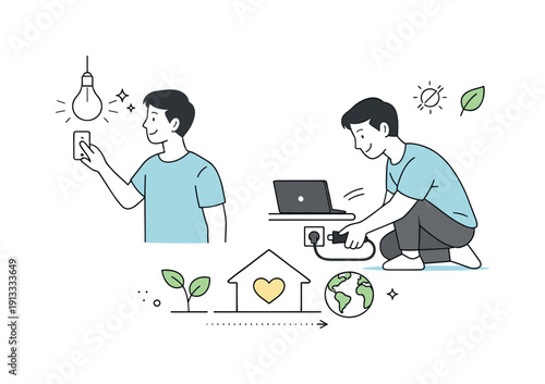 Eco-Friendly Habits. Reducing energy consumption. Person switching off lights and unplugging devices, calm everyday action. Theme of small habits making a