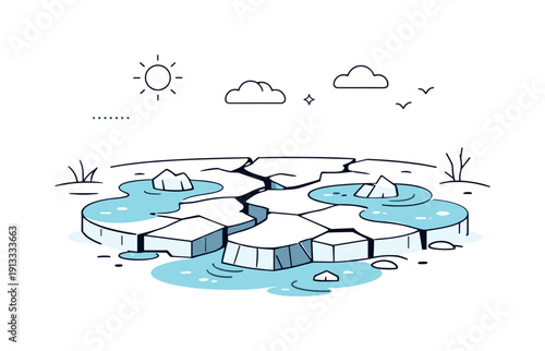 Permafrost thawing. Cracked frozen ground beginning to soften, with water pooling on the surface. Quiet environmental change shown through